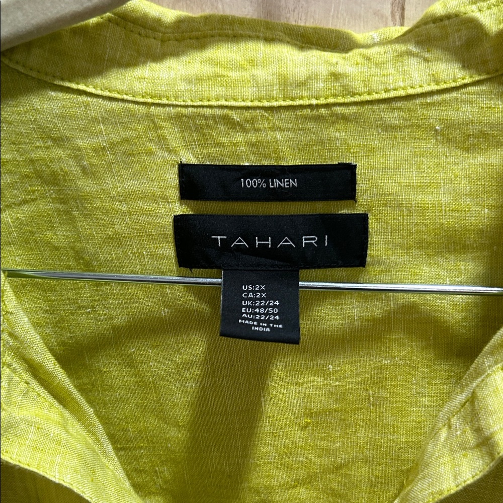 Tahari-Chartreuse and Multicolor Leaf Print Ladies 100 % Linen Shirts - Picture 9 of 12